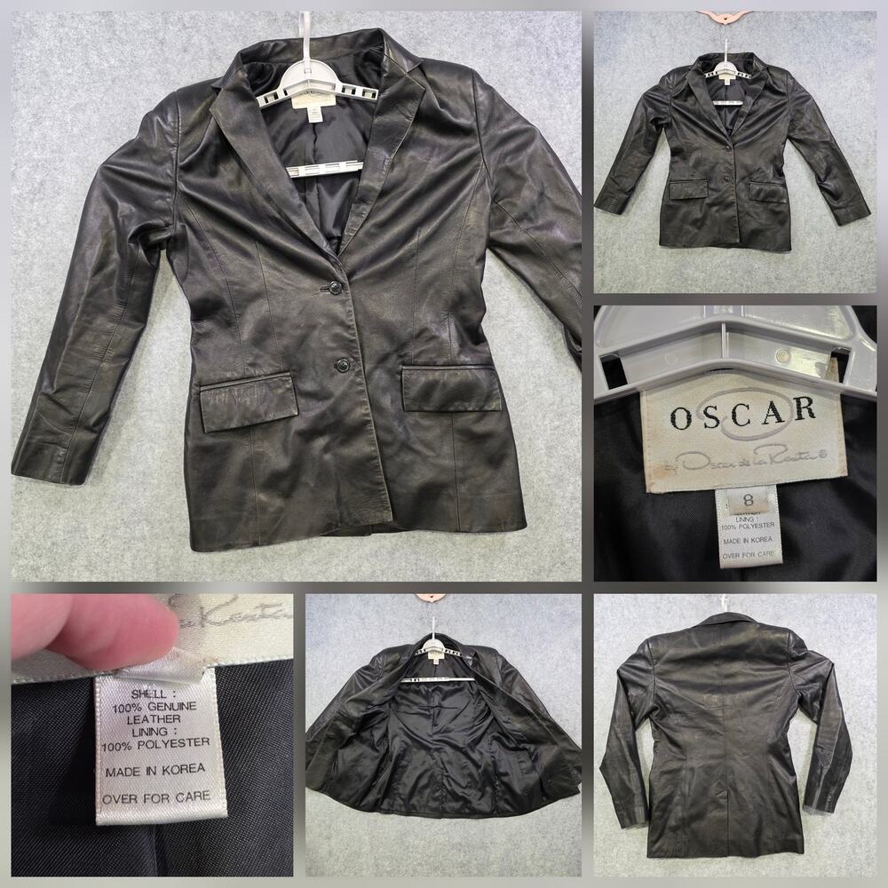 Oscar De La Renta Blazer Womens 8 Black Genuine Leather Single Breasted Jacket